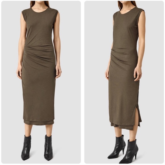 All Saints Dresses & Skirts - ALL SAINTS ARMY GREEN CINCHED SIDE MAXI DRESS